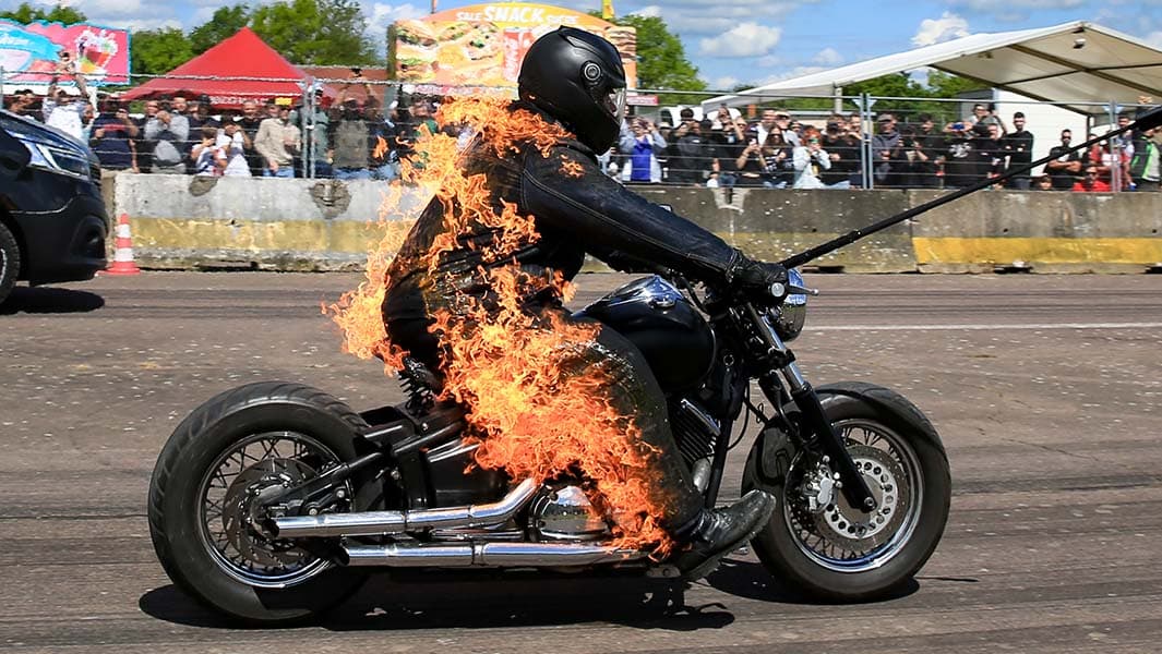 Thumbnail for French Firefighter Rides Flaming Yamaha 442 Meters, Outpaces Ghost Rider’s Shadow